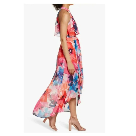 Eliza J. Floral Halter Neck Chiffon Hi-Low Maxi Dress Pink Fit & Flare Size 18 - Picture 2 of 8